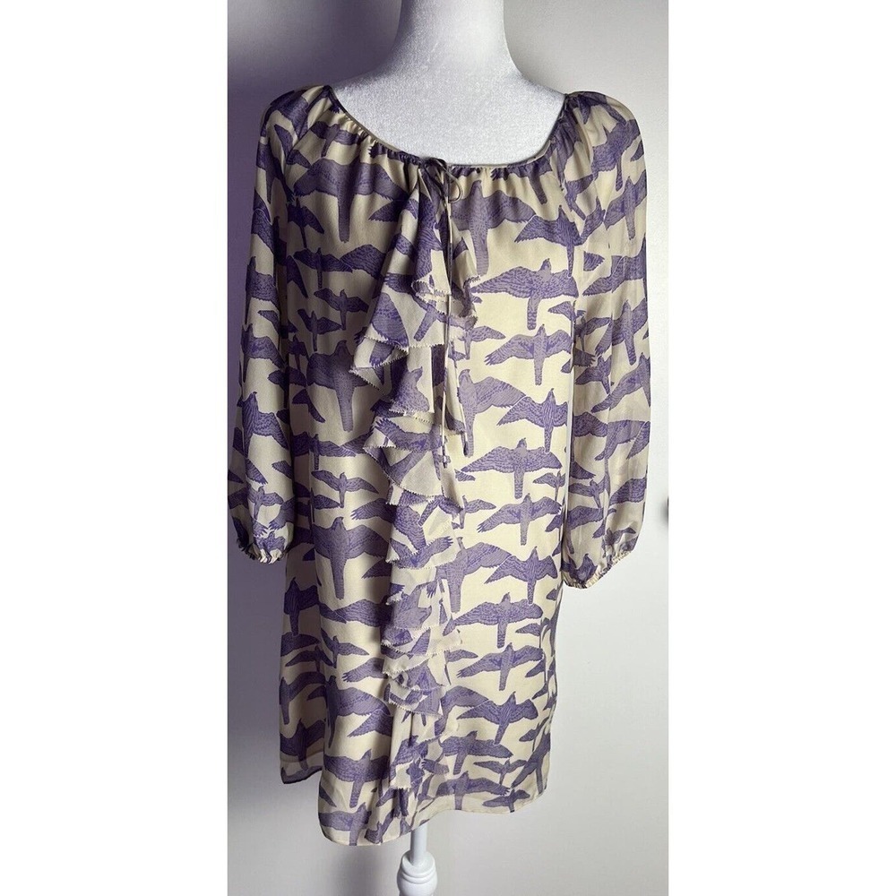 Tibi Cream Mini Dress with Lavender Bird Print and Front Ruffle